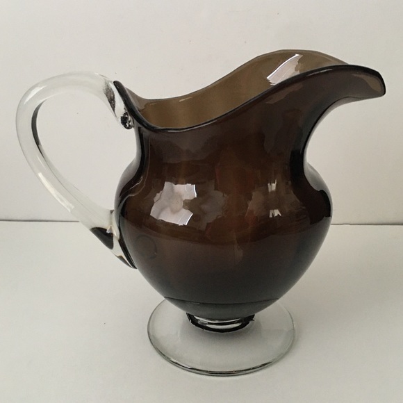 Pedestal Hand Blown Smoky Art Glass Pitcher. Applied Handles. Excellent - Picture 1 of 5